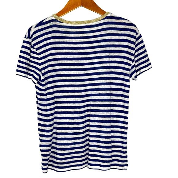 Gerard Darel Linen Top blue/white with gold neck Women's Size 2 - Picture 2 of 8